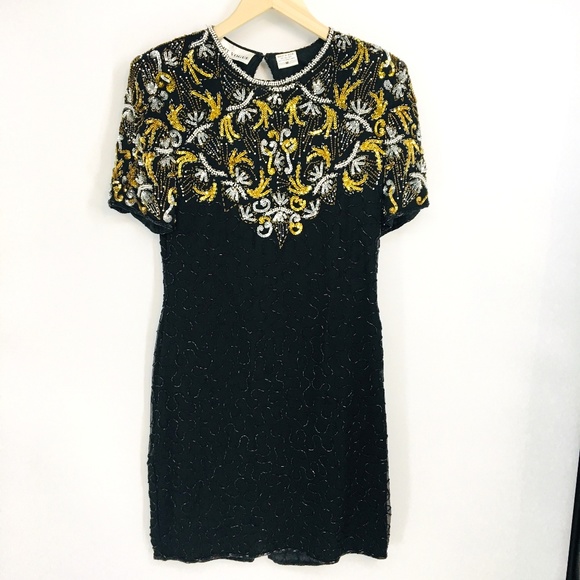 Vintage Dresses & Skirts - Vintage Black Beaded Scoop Neck Short Sleeve Mini